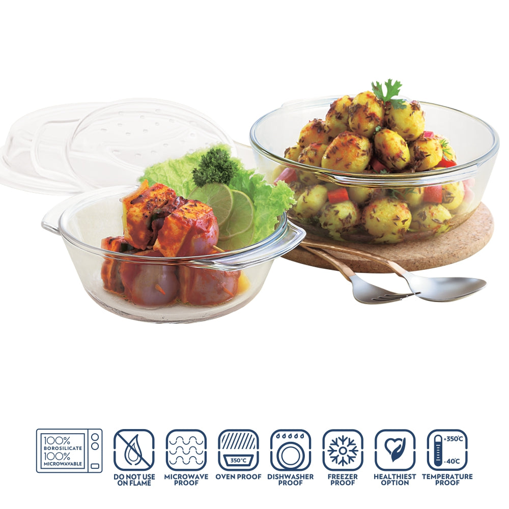 Borosil Round Casserole w Lid, 1L + 1.7L (IM)