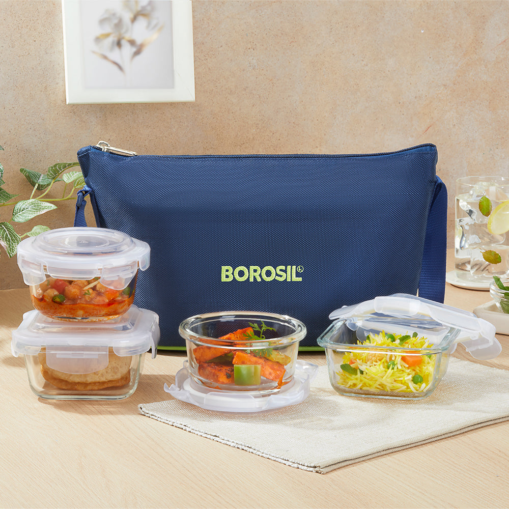 Borosil Blue Daisy Glass Lunchbox, 320ml x 2 (+) 240ml x 2