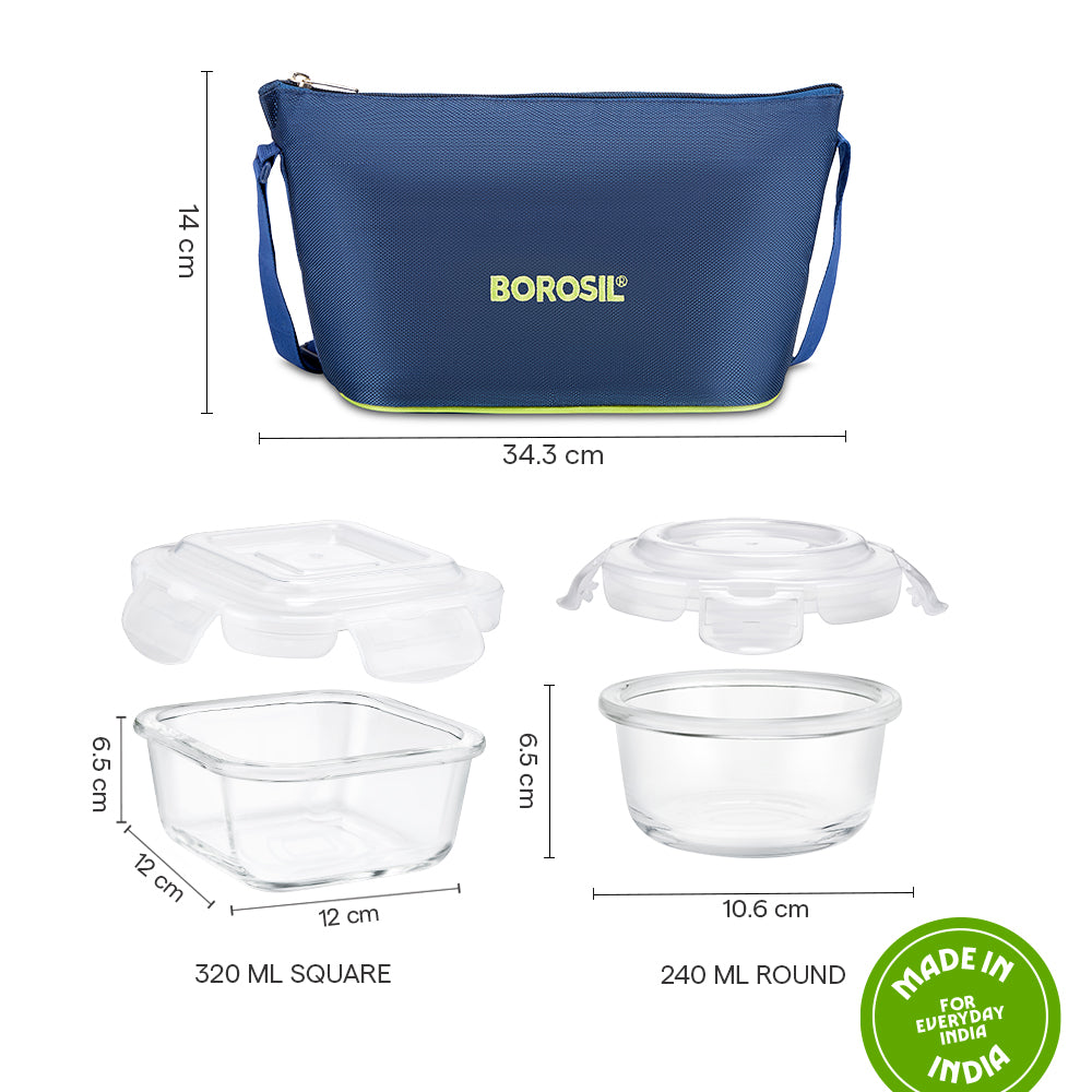 Borosil Blue Daisy Glass Lunchbox, 320ml x 2 (+) 240ml x 2