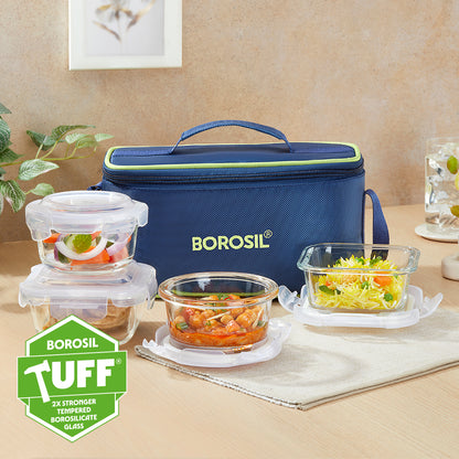 Borosil Blue Universal Glass Lunchbox, 320ml x 2 (+) 240ml x 2