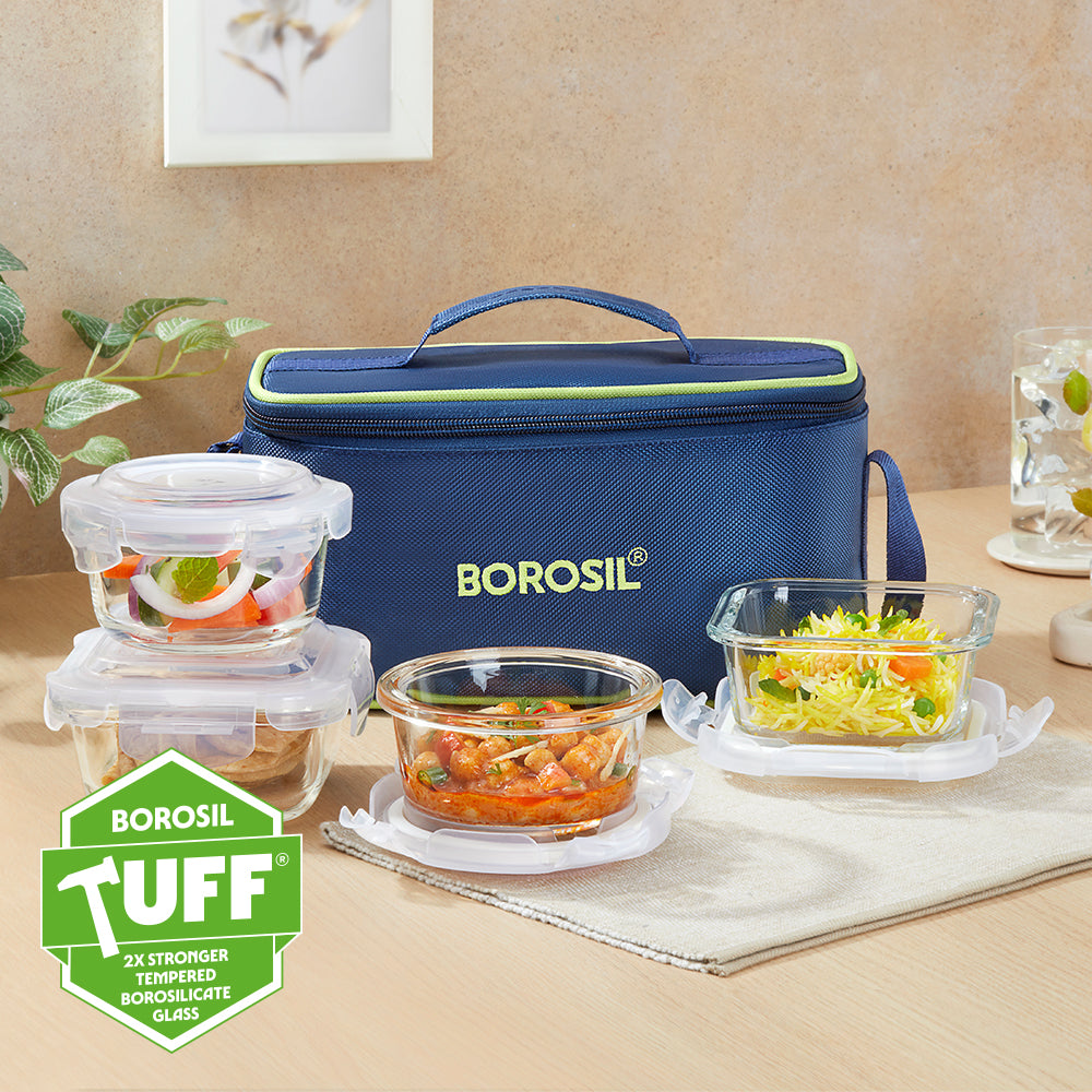Borosil Blue Universal Glass Lunchbox, 320ml x 2 (+) 240ml x 2
