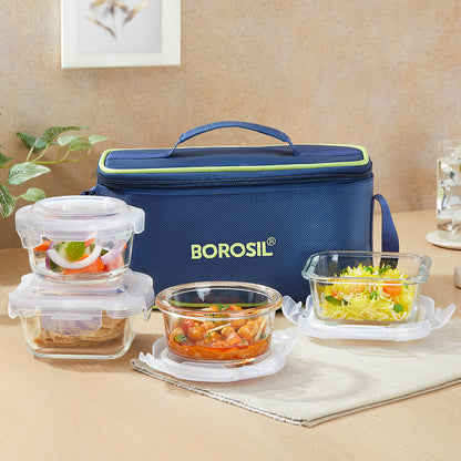 Borosil Blue Universal Glass Lunchbox, 320ml x 2 (+) 240ml x 2
