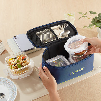 Borosil Blue Universal Glass Lunchbox, 320ml x 2 (+) 240ml x 2