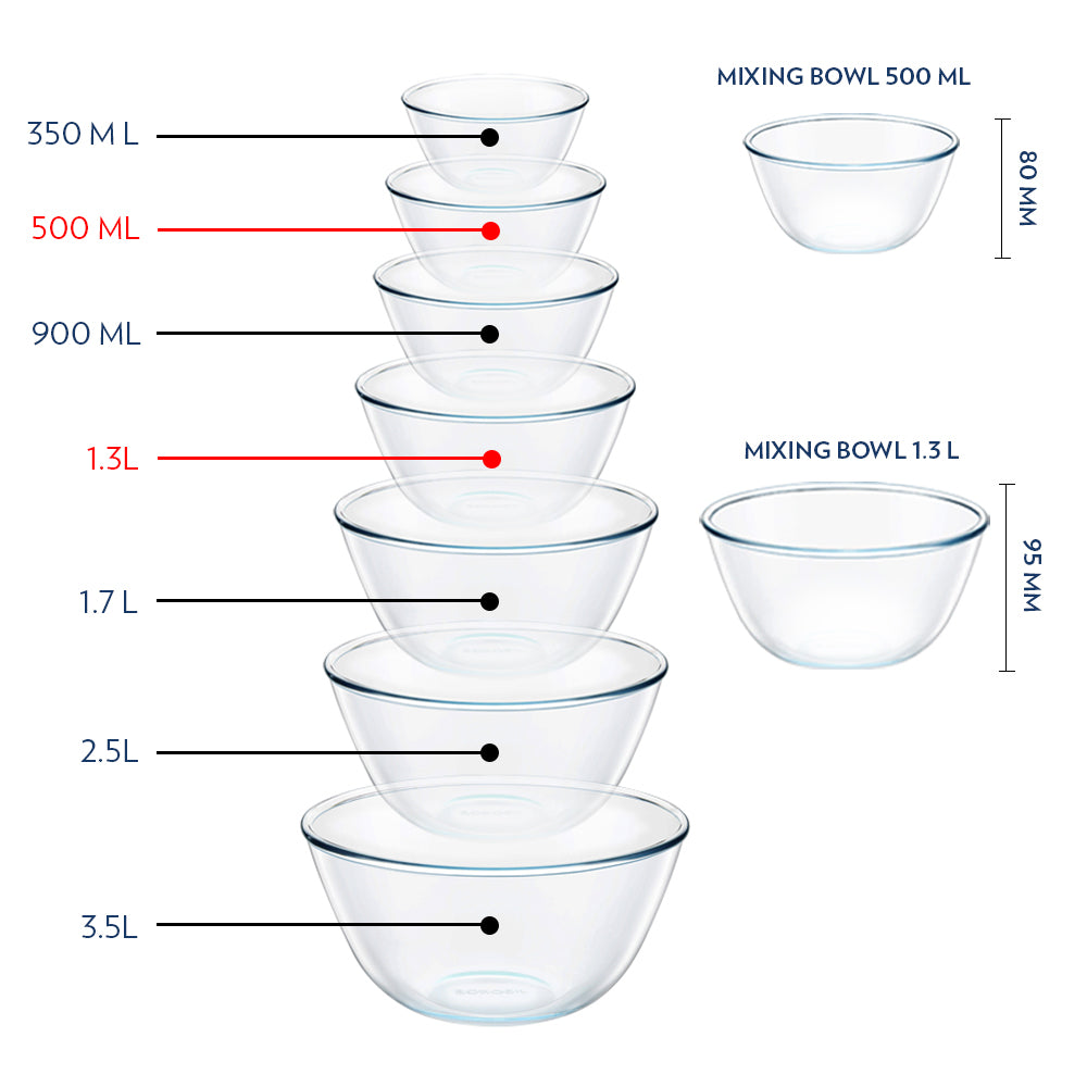 Borosil Select Mixing Bowl w Blue Lid Set of 2, 500ml + 1.3L