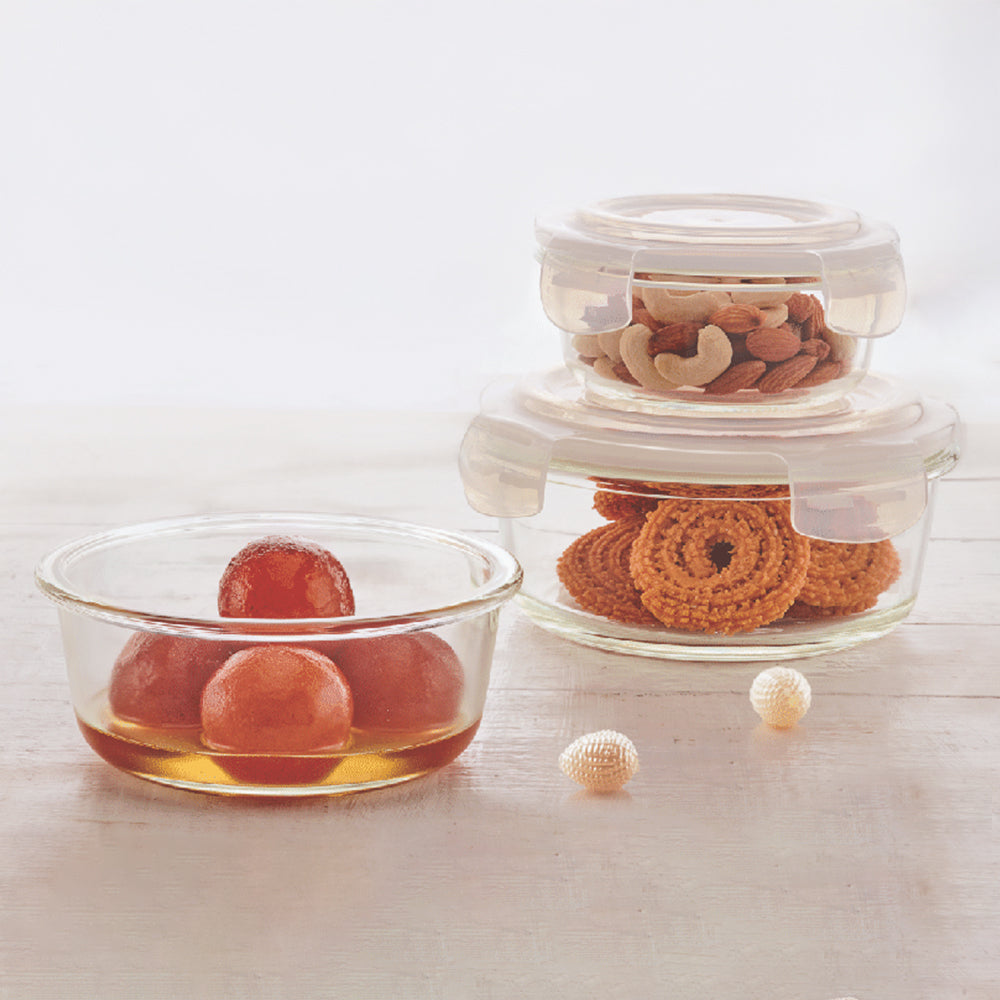 Borosil Tuff-Glass Klip n Store, Round, Set of 3, Containers