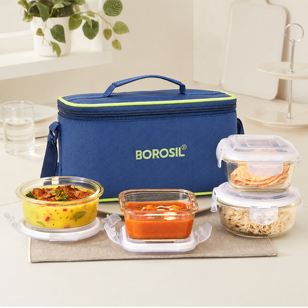 Round+Square Glass Lunch Box with Blue Bag