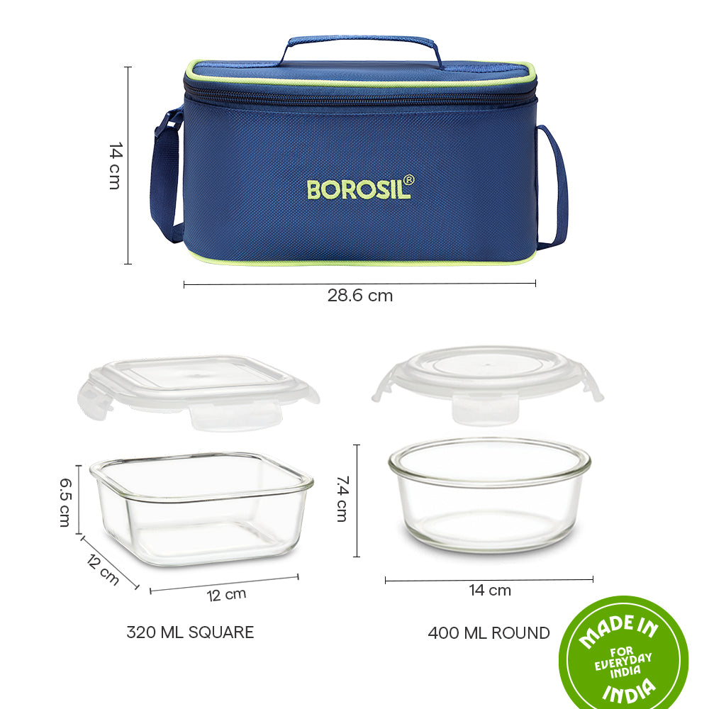 Round+Square Glass Lunch Box with Blue Bag