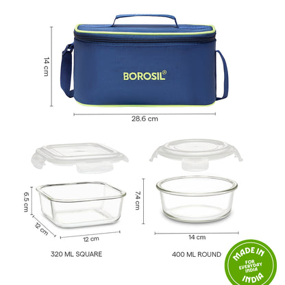 Round+Square Glass Lunch Box with Blue Bag