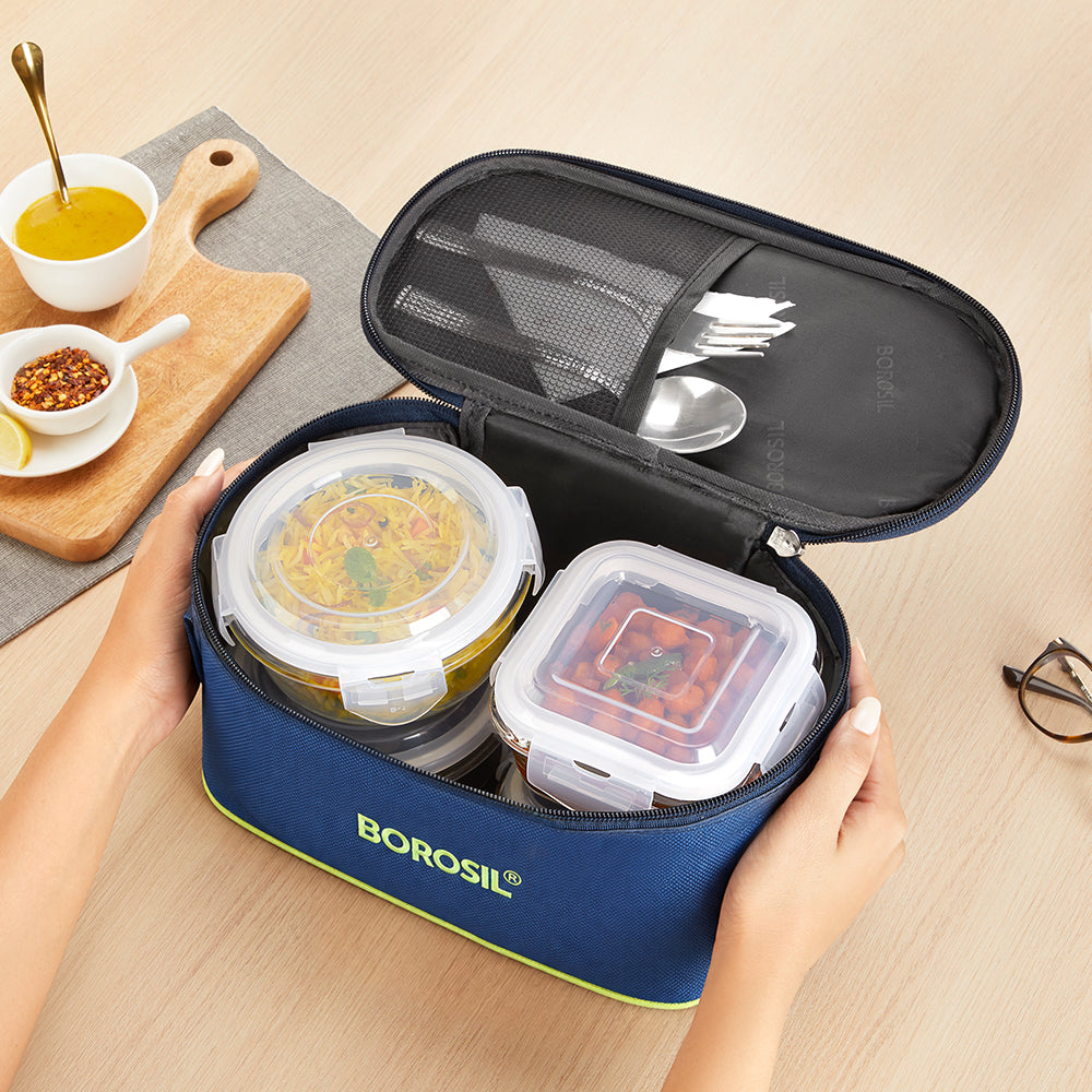 Round+Square Glass Lunch Box with Blue Bag