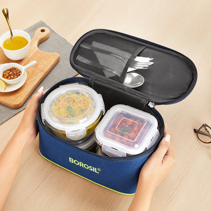 Round+Square Glass Lunch Box with Blue Bag