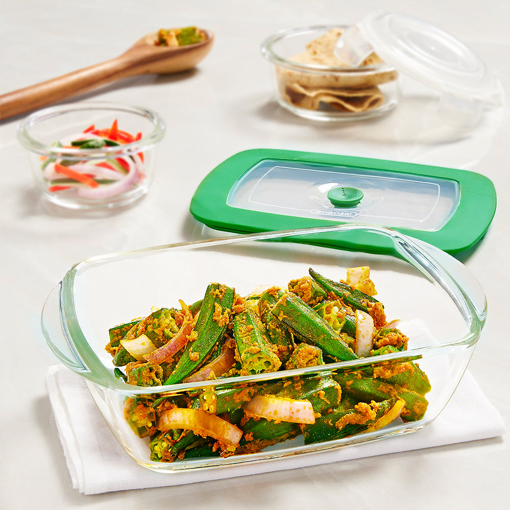 Borosil Rectangular Dish w Green Lid, 1.1L