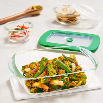 Borosil Rectangular Dish w Green Lid