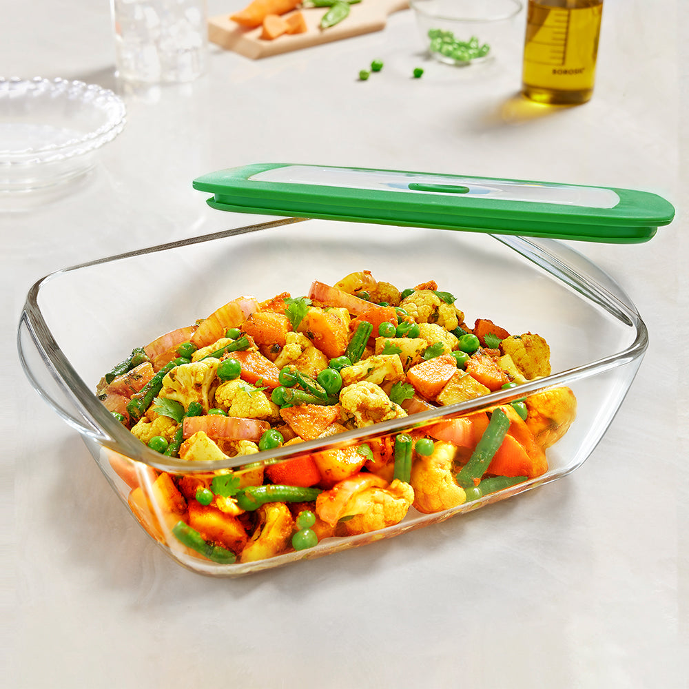 Borosil Rectangular Dish w Green Lid, 2.6L