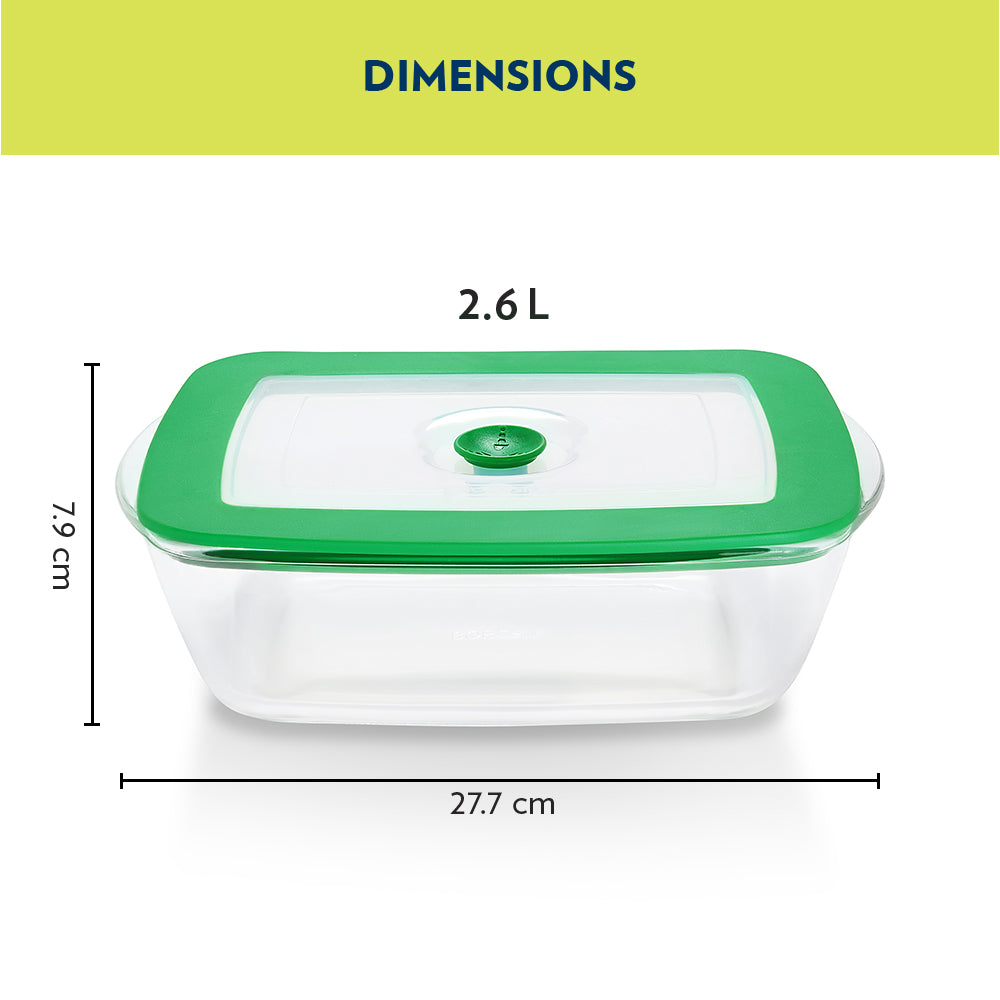 Borosil Rectangular Dish w Green Lid