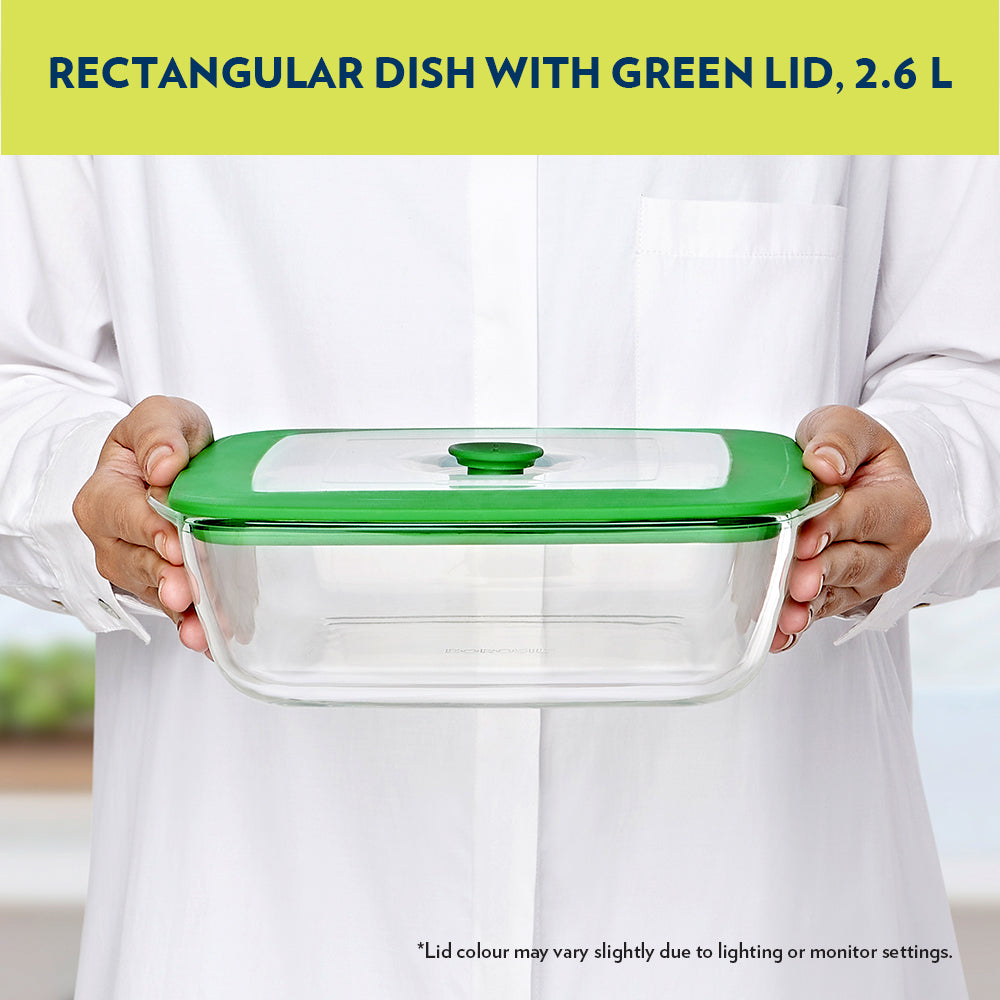 Borosil Rectangular Dish w Green Lid