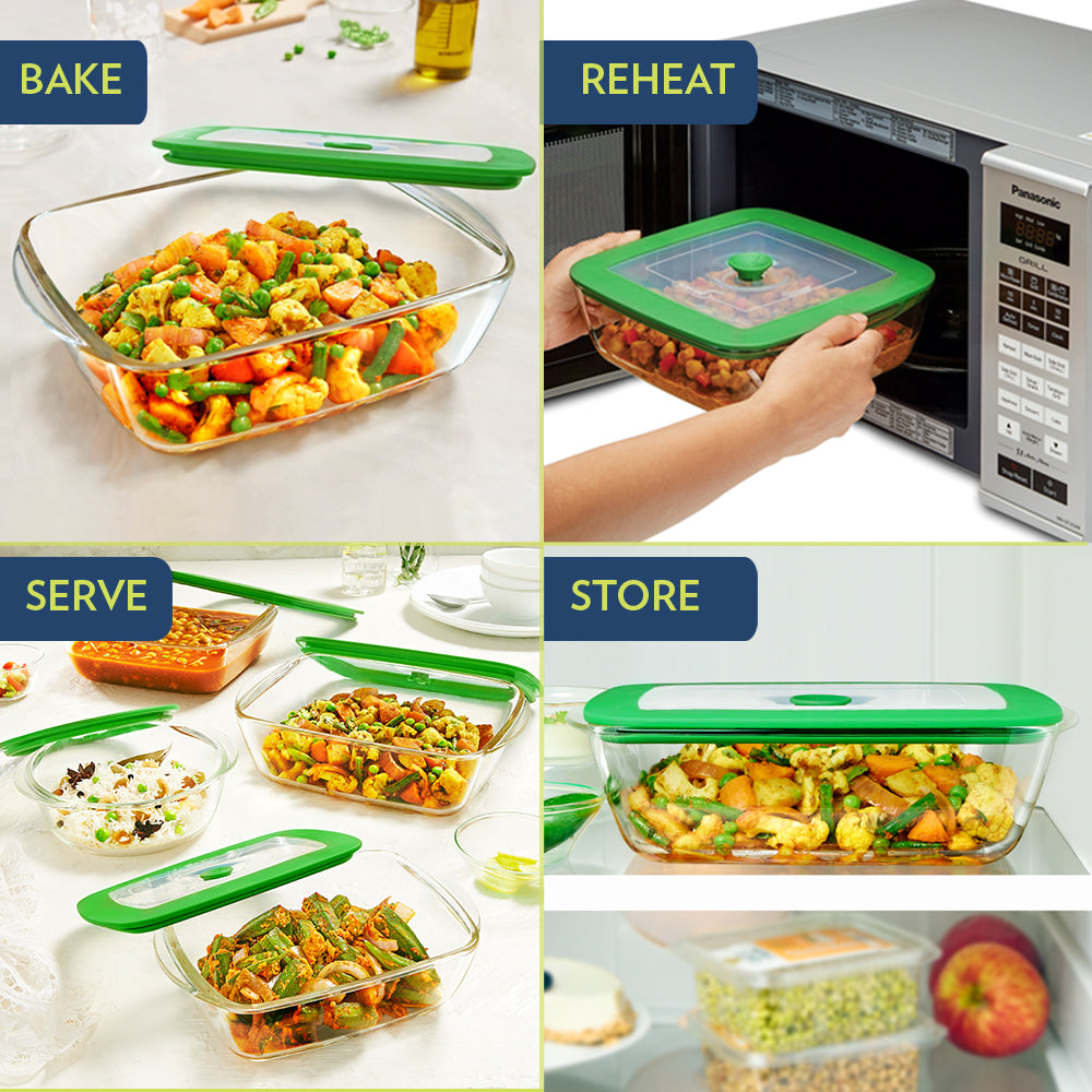 Borosil Rectangular Dish w Green Lid