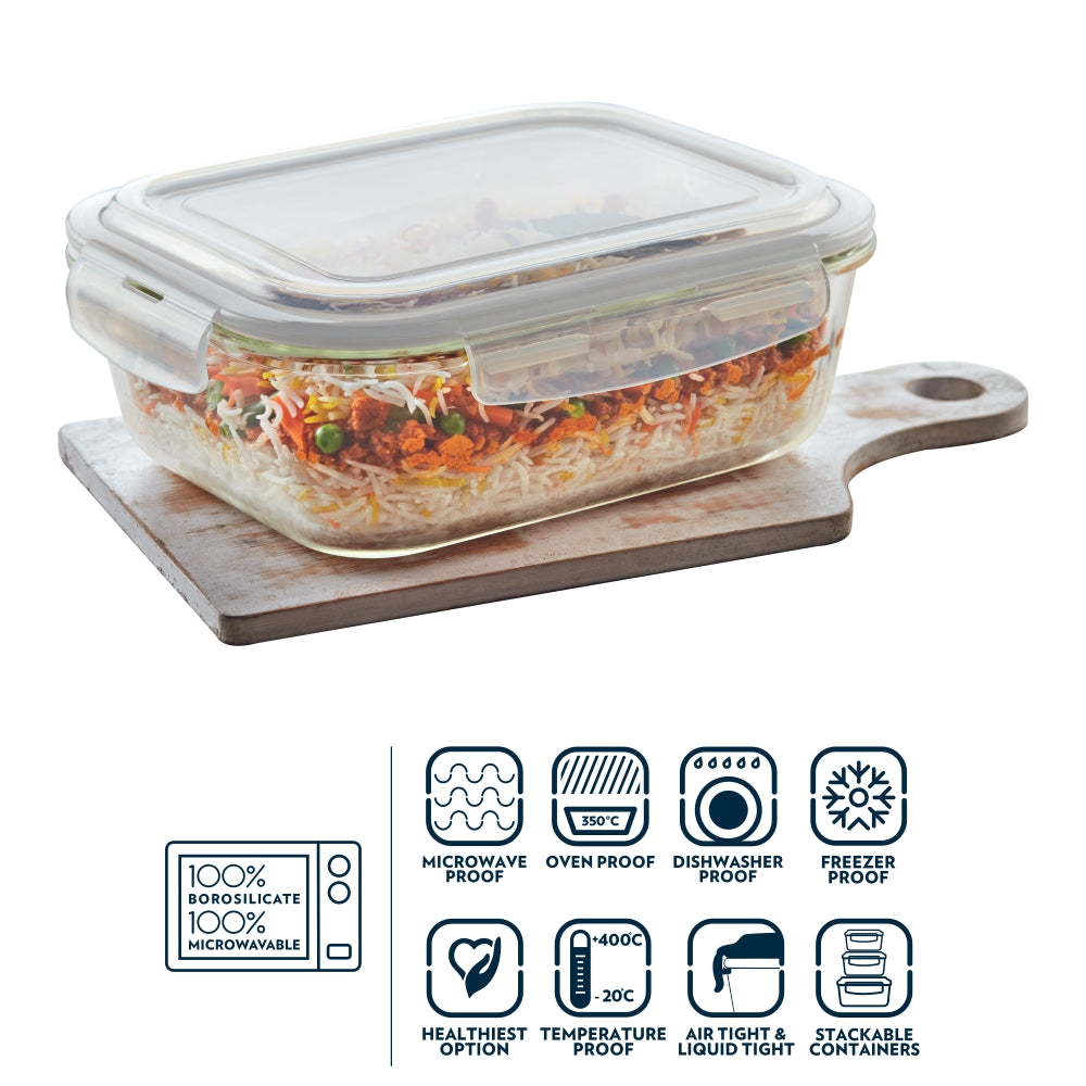 Borosil Tuff-Glass Klip n Store, Rectangular Container