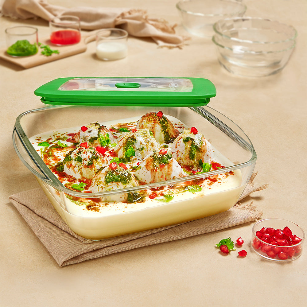 Borosil Square Dish w Green Lid, 1L