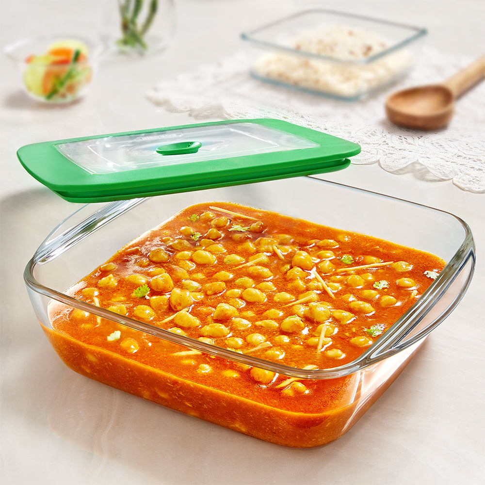 Borosil Square Dish w Green Lid, 2.2L
