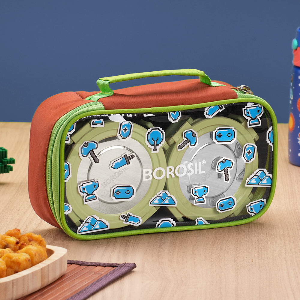 Pixel Microwavable Stainless Steel Lunchbox with Kid Bag