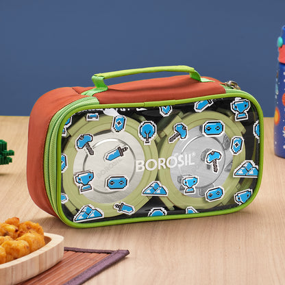 Pixel Microwavable Stainless Steel Lunchbox with Kid Bag