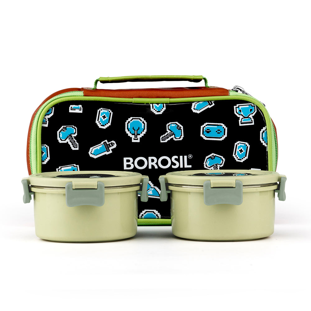 Pixel Microwavable Stainless Steel Lunchbox with Kid Bag