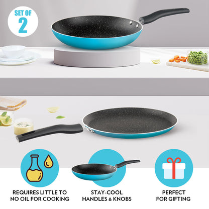 Borosil Festive Glory Cookware Set, Blue, 2 pc Set (Dosa Tawa + Fry Pan)
