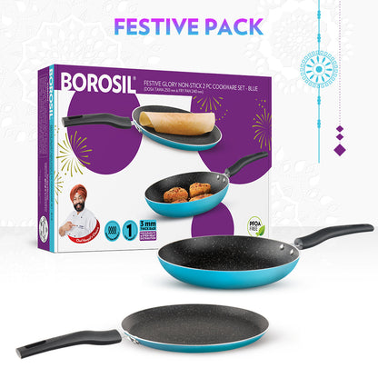 Borosil Festive Glory Cookware Set, Blue, 2 pc Set (Dosa Tawa + Fry Pan)