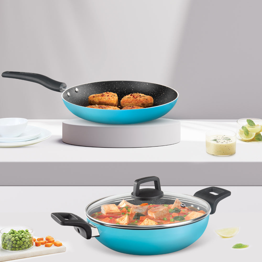 Borosil Festive Glory Cookware Set, Blue, 3 pc Set (Deep Kadhai + Fry Pan + Glass Lid)