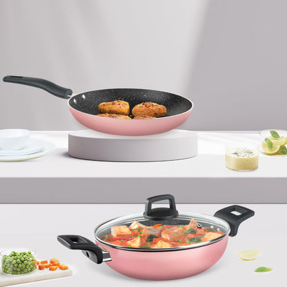 Borosil Festive Glory Cookware Set, Pink, 3 pc Set (Deep Kadhai + Fry Pan + Glass Lid)