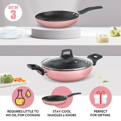 Borosil Festive Glory Cookware Set, Pink, 3 pc Set (Deep Kadhai + Fry Pan + Glass Lid)