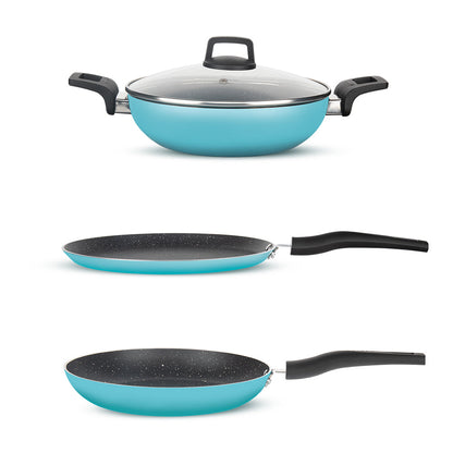 Borosil Festive Glory Cookware Set, Blue, 4 pc Set (Dosa Tawa + Deep Kadhai + Fry Pan + Glass Lid)