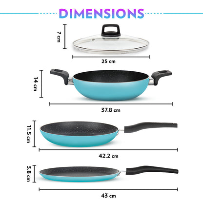 Borosil Festive Glory Cookware Set, Blue, 4 pc Set (Dosa Tawa + Deep Kadhai + Fry Pan + Glass Lid)
