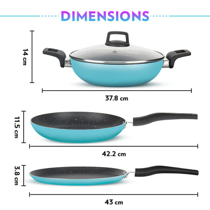 Borosil Festive Glory Cookware Set, Blue, 4 pc Set (Dosa Tawa + Deep Kadhai + Fry Pan + Glass Lid)