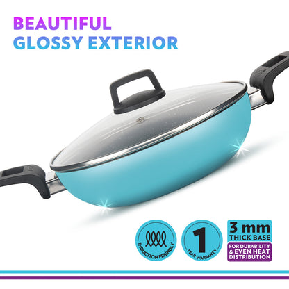 Borosil Festive Glory Cookware Set, Blue, 4 pc Set (Dosa Tawa + Deep Kadhai + Fry Pan + Glass Lid)