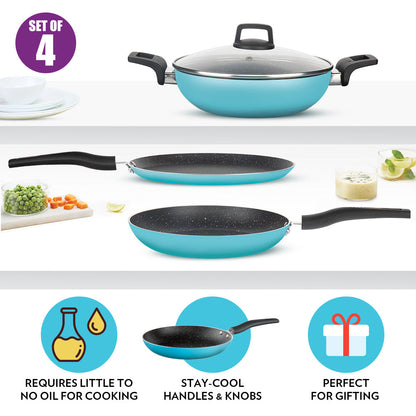 Borosil Festive Glory Cookware Set, Blue, 4 pc Set (Dosa Tawa + Deep Kadhai + Fry Pan + Glass Lid)