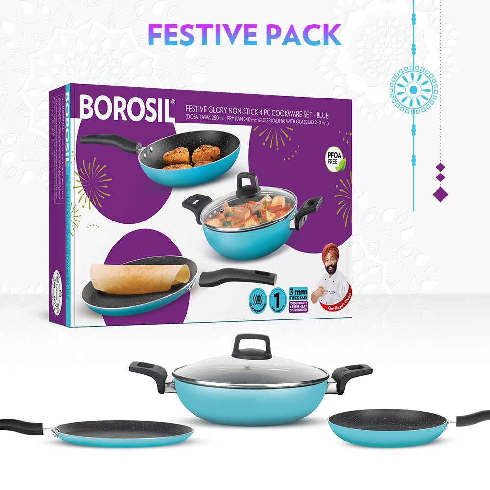 Borosil Festive Glory Cookware Set, Blue