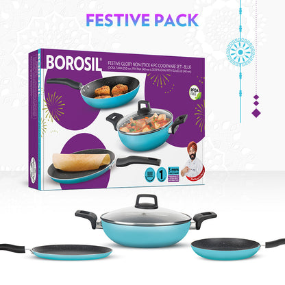 Borosil Festive Glory Cookware Set, Blue, 4 pc Set (Dosa Tawa + Deep Kadhai + Fry Pan + Glass Lid)