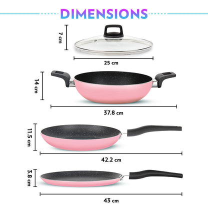Borosil Festive Glory Cookware Set, Pink, 4 pc Set (Dosa Tawa + Deep Kadhai + Fry Pan + Glass Lid)