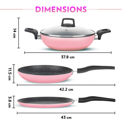 Borosil Festive Glory Cookware Set, Pink, 4 pc Set (Dosa Tawa + Deep Kadhai + Fry Pan + Glass Lid)