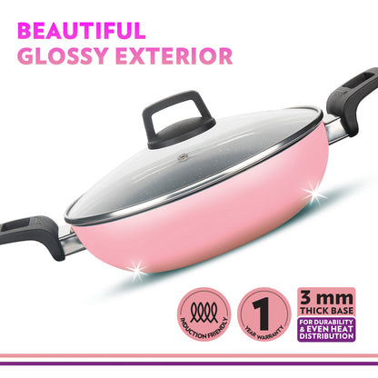 Borosil Festive Glory Cookware Set, Pink, 4 pc Set (Dosa Tawa + Deep Kadhai + Fry Pan + Glass Lid)
