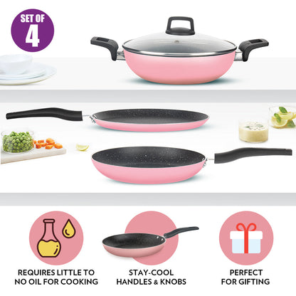 Borosil Festive Glory Cookware Set, Pink, 4 pc Set (Dosa Tawa + Deep Kadhai + Fry Pan + Glass Lid)