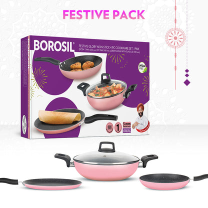 Borosil Festive Glory Cookware Set, Pink, 4 pc Set (Dosa Tawa + Deep Kadhai + Fry Pan + Glass Lid)