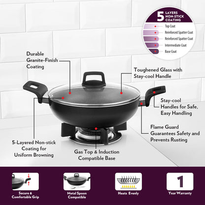 Borosil Granito Nonstick Kadhai + Lid, 20 cm