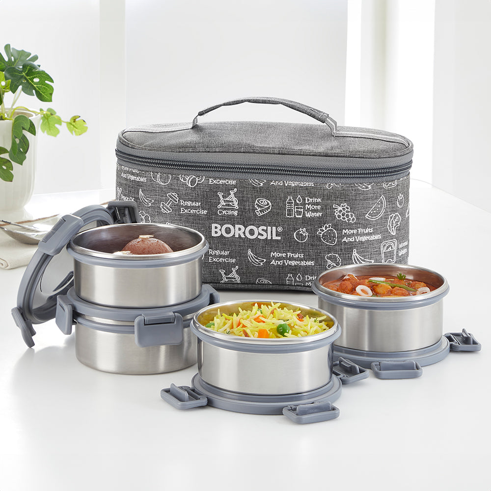 Borosil Slate Stainless Steel Lunchbox, Set of 4