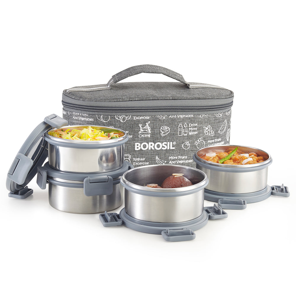 Borosil Slate Stainless Steel Lunchbox, Set of 4