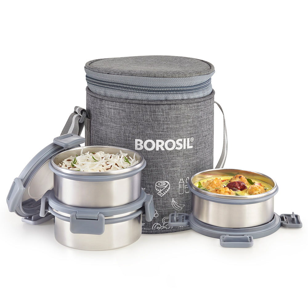 Borosil Slate Stainless Steel Lunchbox, Set of 3, Tall