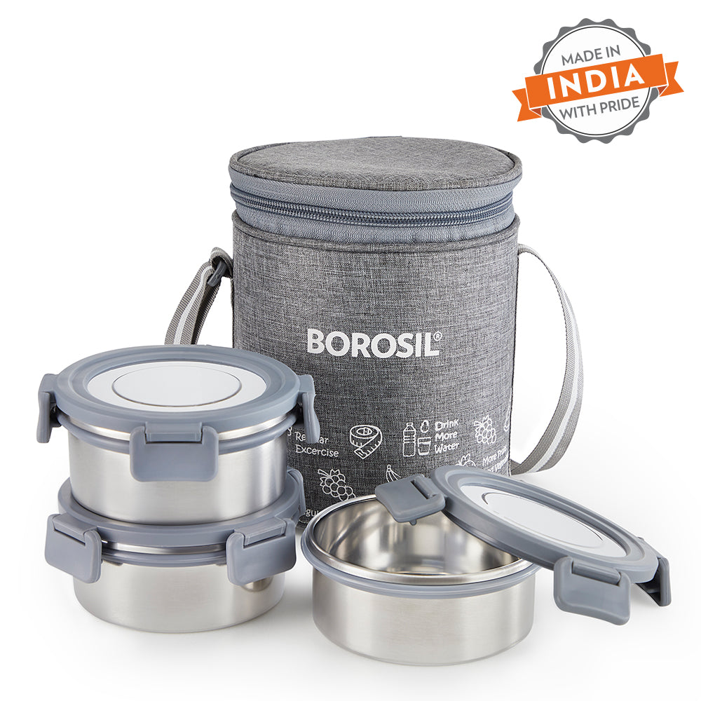 Borosil Slate Stainless Steel Lunchbox, Set of 3, Tall