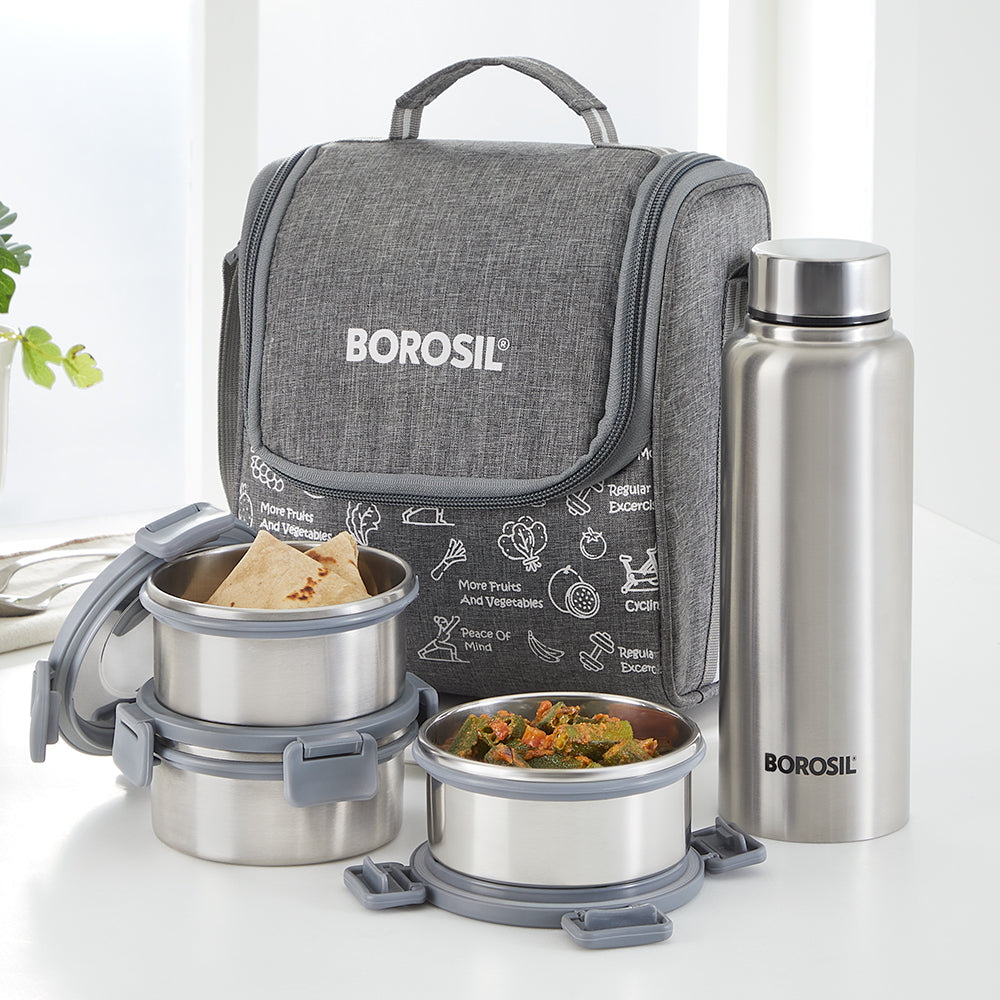 Borosil Slate Stainless Steel Lunchbox w SS Bottle, (280ml x 3) + (600ml Bottle x 1)
