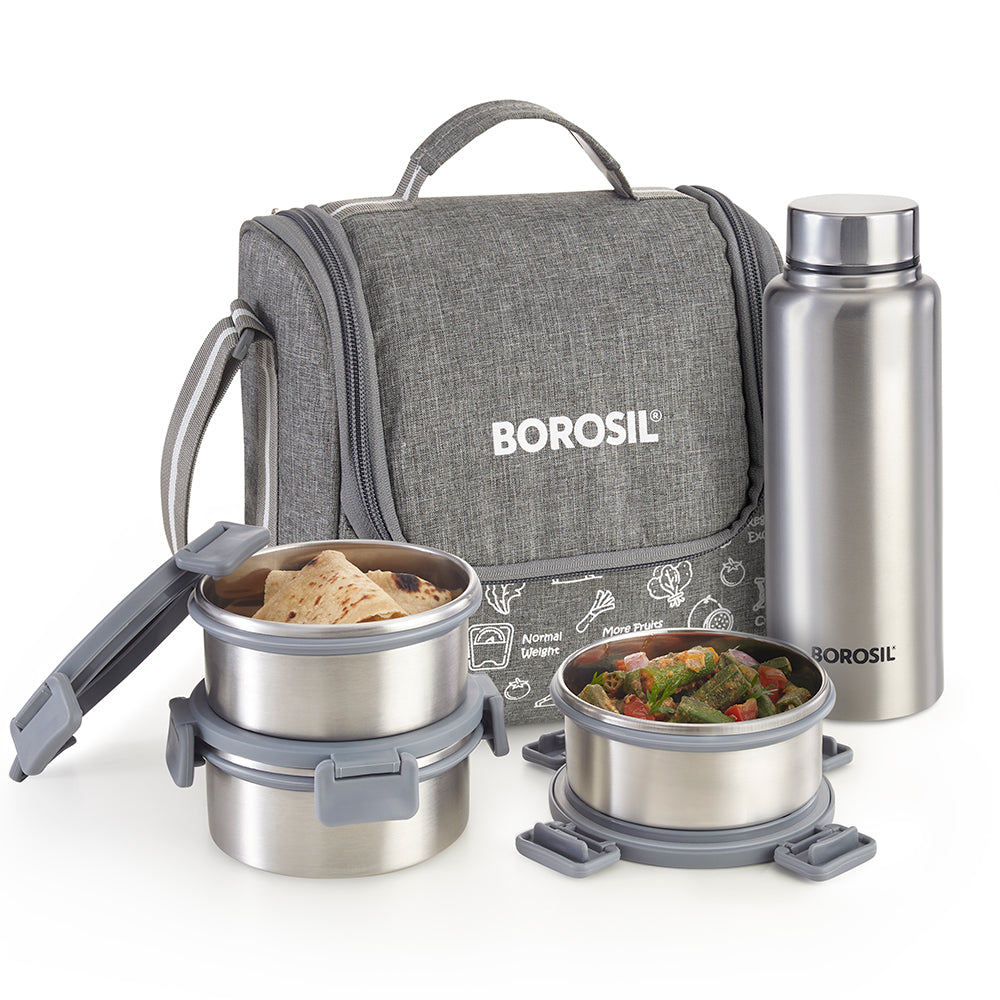 Borosil Slate Stainless Steel Lunchbox w SS Bottle